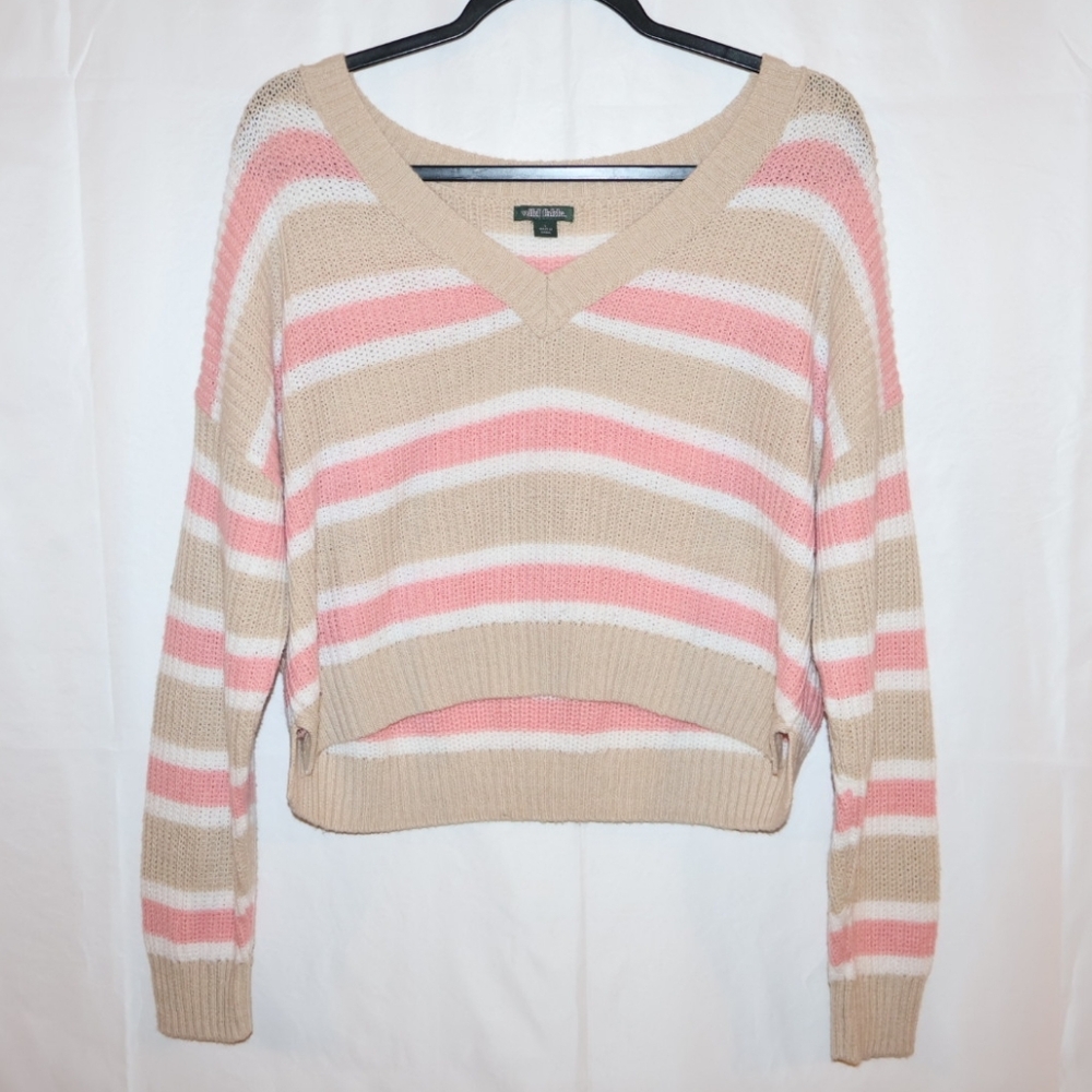 Wild Fable Striped V-Neck Pullover Sweater-Pink, White, & Tan. Large.